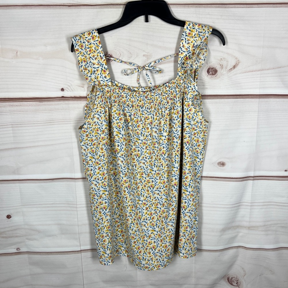 Staccato Floral Tank Women Large Yellow Blue Smocked‎ Ruffle Tie Back Peasant